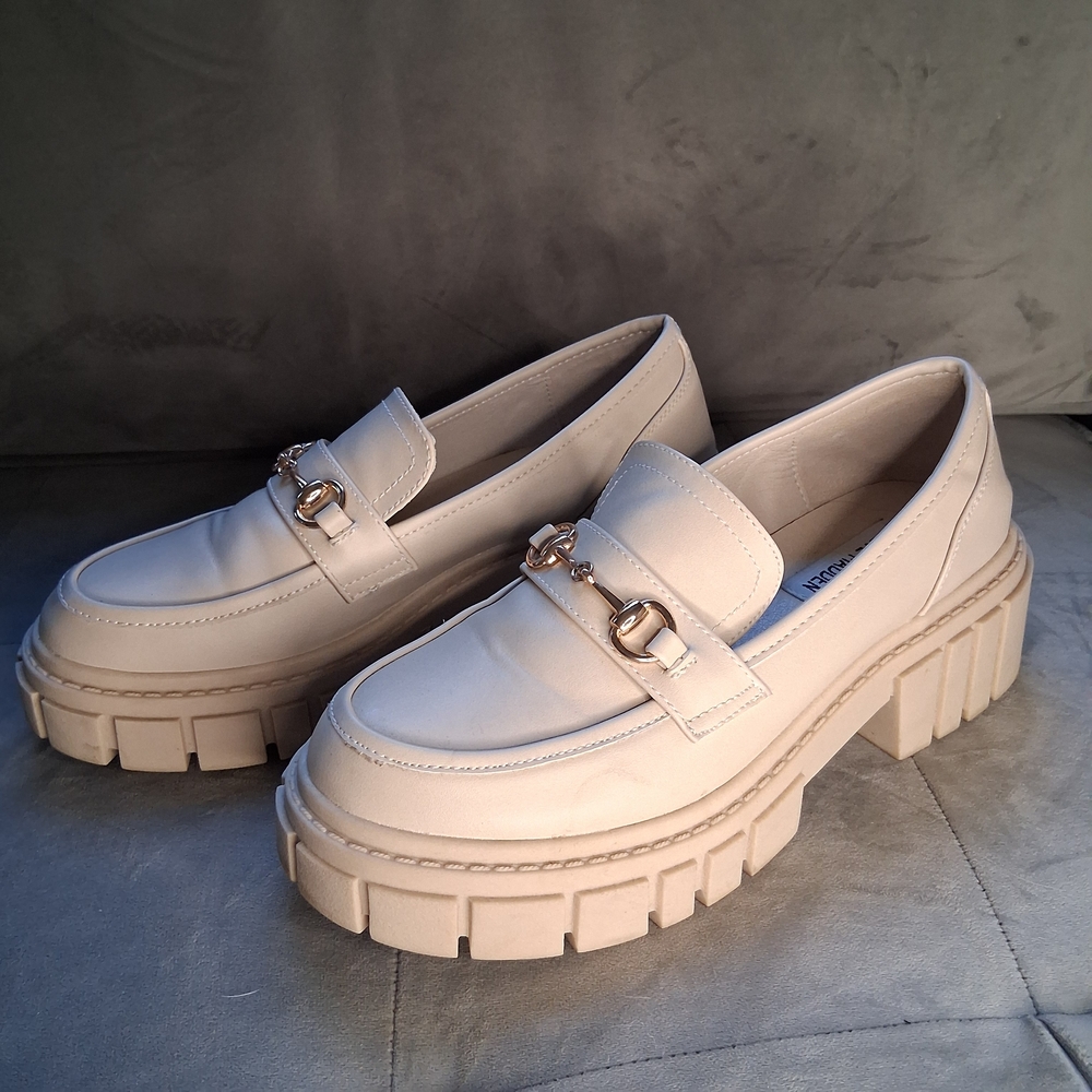 Steve Madden Approach Chunky Platform Loafers - Cream Gold Horsebit Size 7.5 - Picture 15 of 15